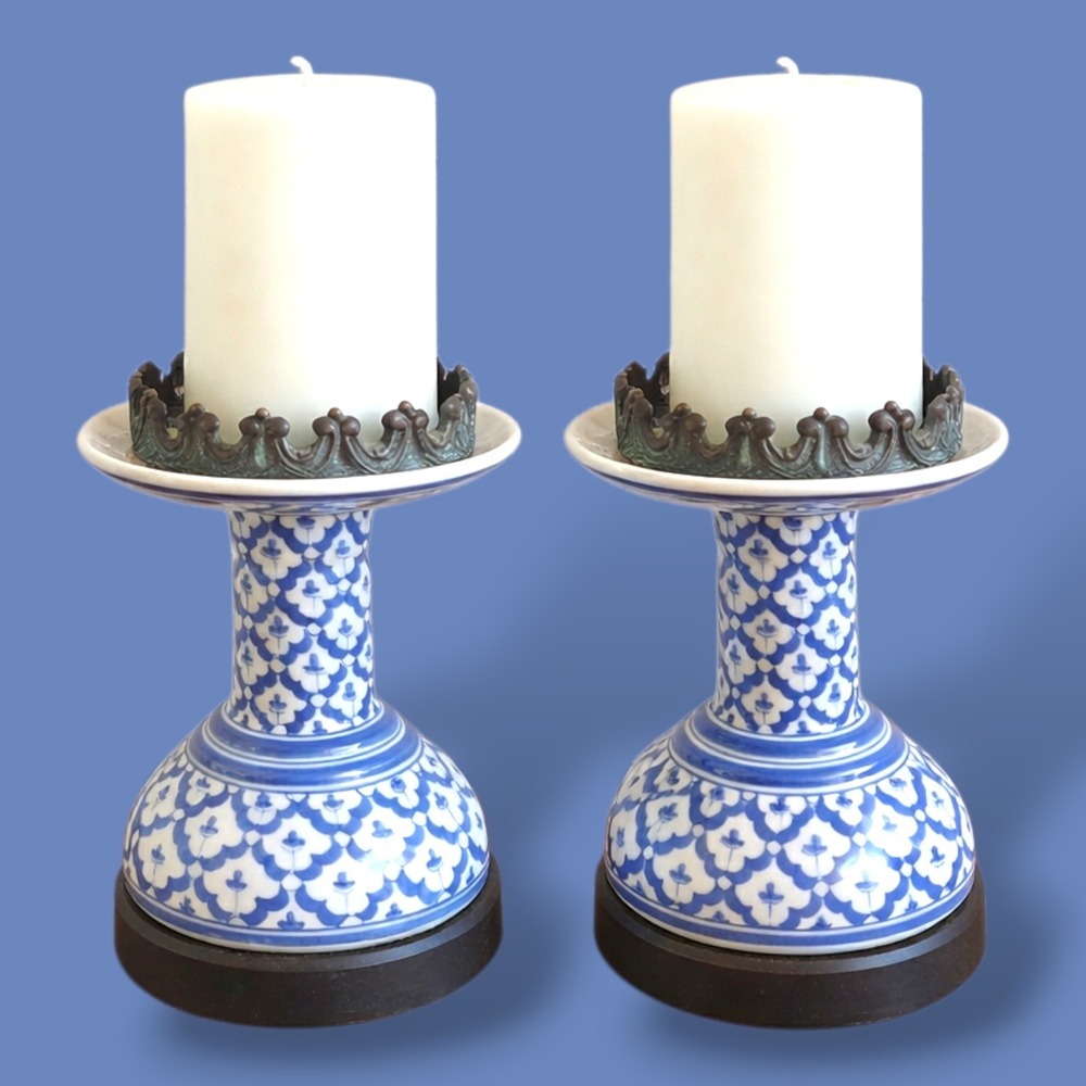 Vintage Thai Blue & White Porcelain Candlestick Holders Phum Kao Bin Cottagecore
